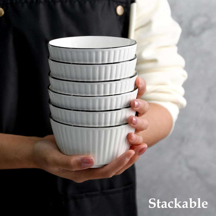 Set of 4 White with Black Rim Stackable Ceramic Simple Bowls (13 x 7 cm)