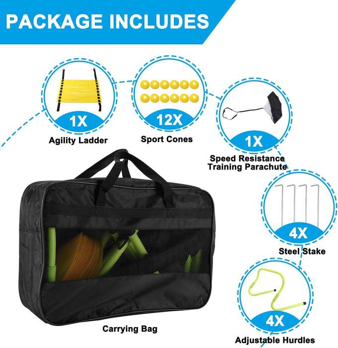 Speed Agility Training Set - Includes 1 Resistance Parachute, 1 Agility Ladder, 4 Steel Stakes, 4...
