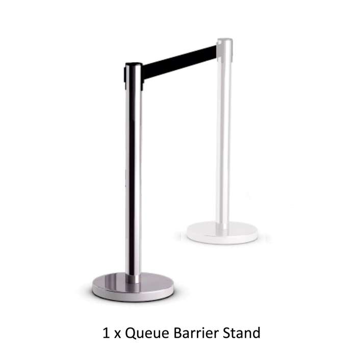 RETRACTABLE QUEUE BARRIER CHROME WITH BLACK BELT 910X320MM