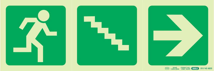 PHOTOLUMINESCENT 190MM SAFETY SIGN -E16-RUNNING MAN+STAIRS GOING DOWN+ARROW RIGHT