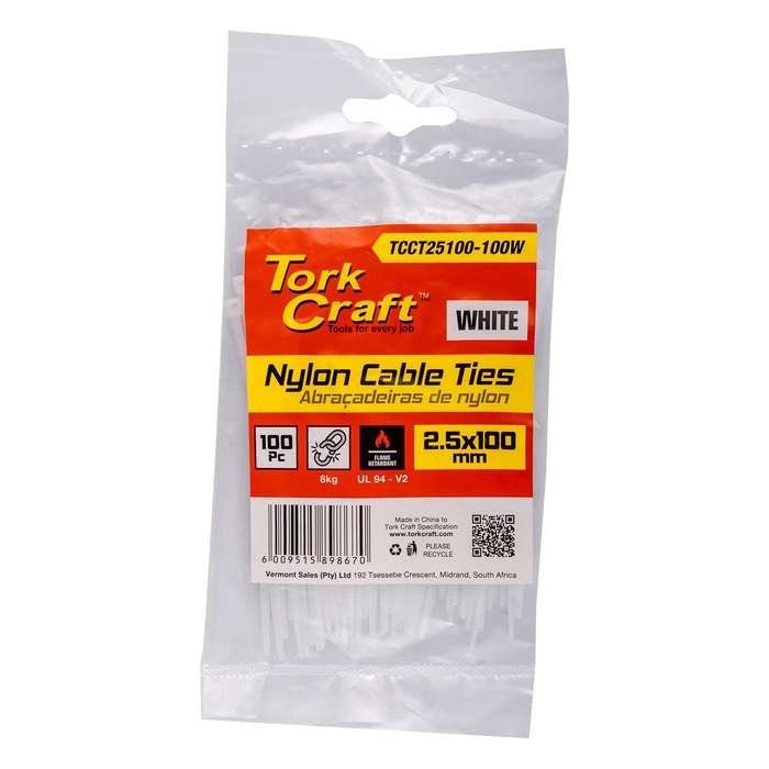 Nylon cable ties 2.5mm x 100mm white 100pc