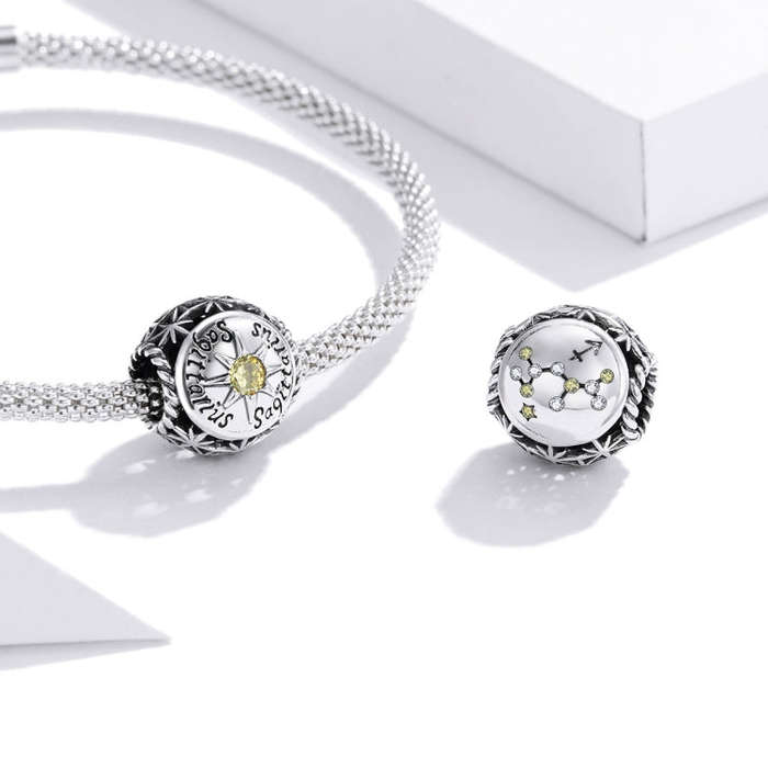 S925 Sterling Silver Twelve Constellation Zircon Beads DIY Bracelet Necklace Accessories, Style:S...