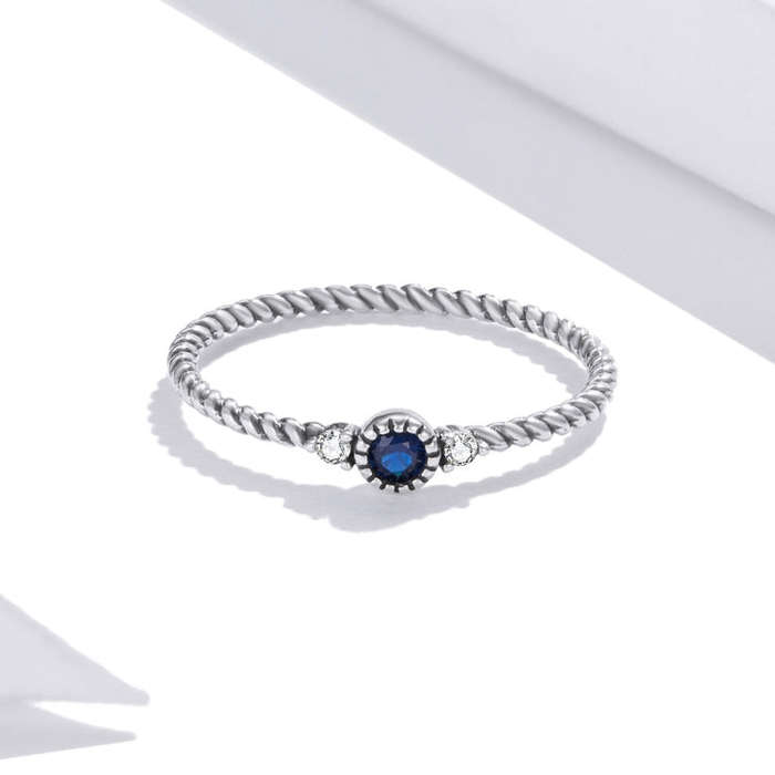 S925 Sterling Silver Dark Blue Zircon Platinum Plated Twist Texture Women Ring, Size:6
