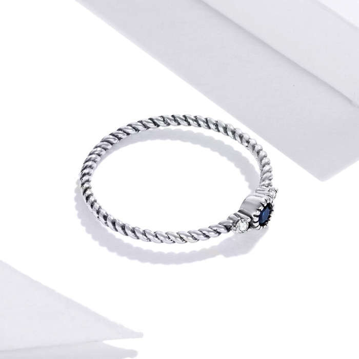 S925 Sterling Silver Dark Blue Zircon Platinum Plated Twist Texture Women Ring, Size:6