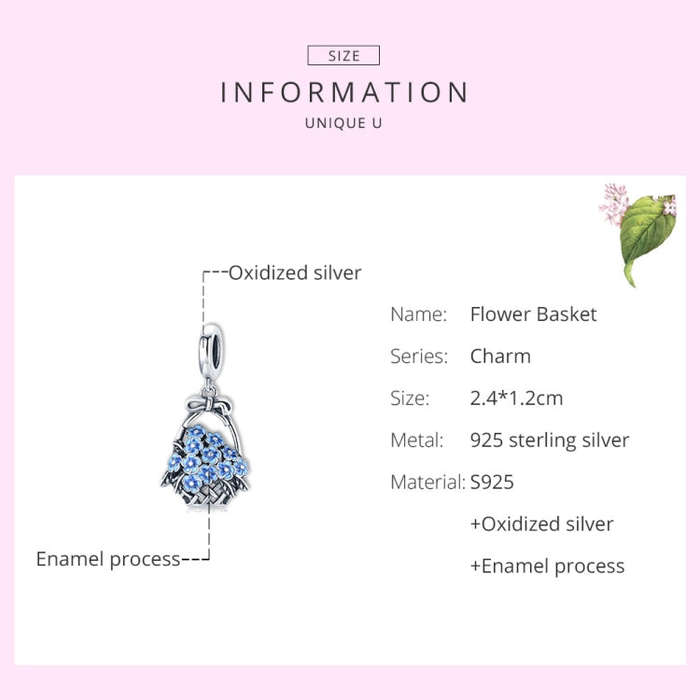 S925 Sterling Silver Flower Basket Blue Flowers Pendant DIY Bracelet Necklace Accessories
