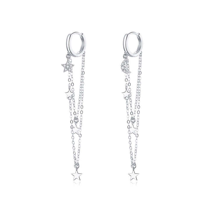 S925 Sterling Silver Star Moon Tassel Women Earrings
