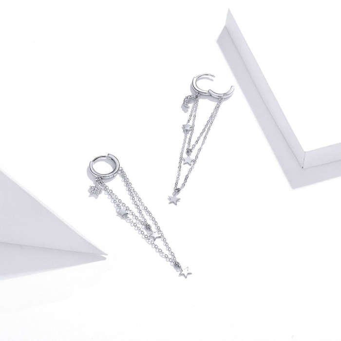 S925 Sterling Silver Star Moon Tassel Women Earrings