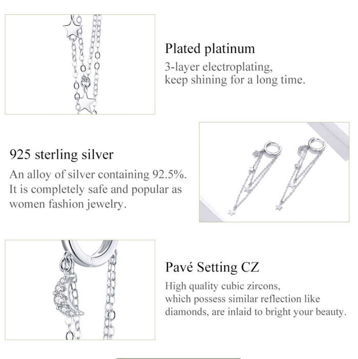 S925 Sterling Silver Star Moon Tassel Women Earrings