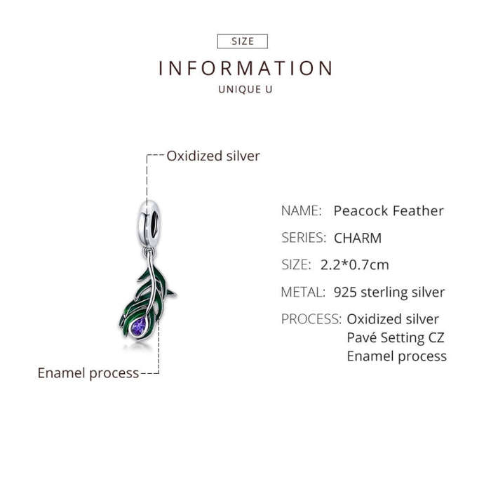 S925 Sterling Silver Peacock Feather Pendant DIY Bracelet Necklace Accessories