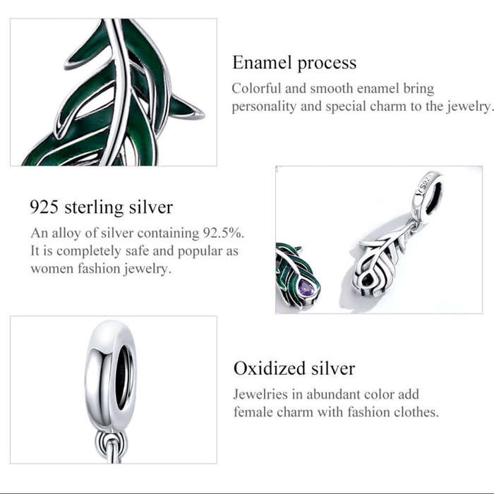 S925 Sterling Silver Peacock Feather Pendant DIY Bracelet Necklace Accessories