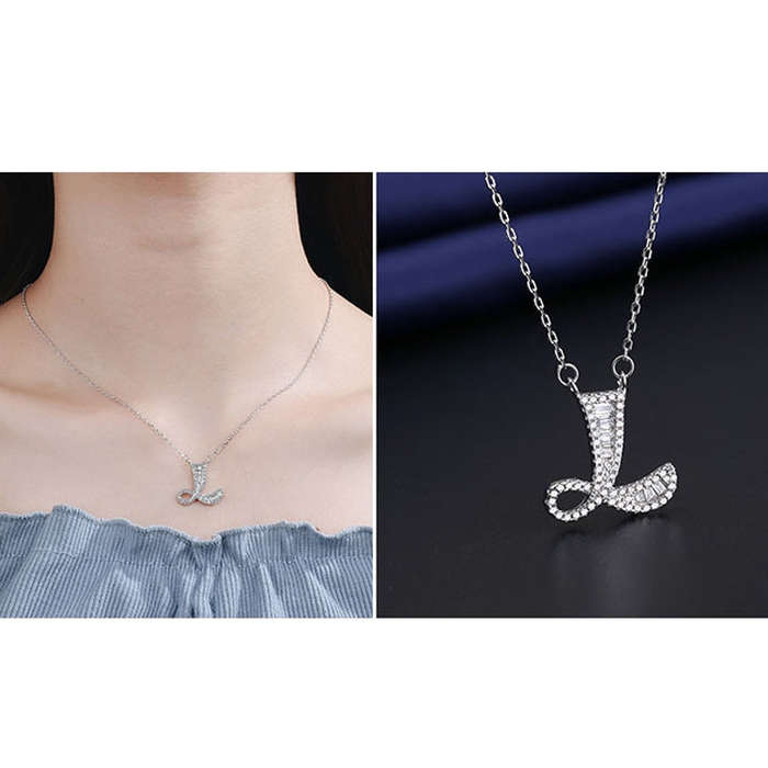 Women Fashion S925 Sterling Silver English Alphabet Pendant Necklace, Style:L