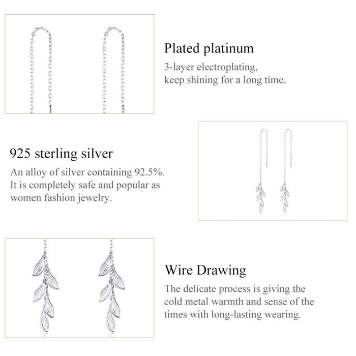S925 Sterling Silver Simple Style Long Leaves Women Earrings
