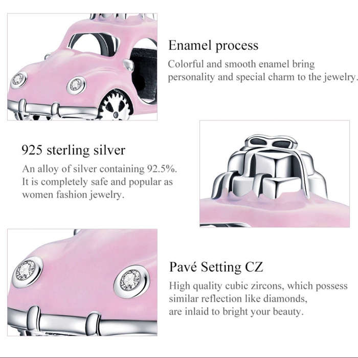 S925 Sterling Silver Pink Car Beads DIY Bracelet Necklace Accessories