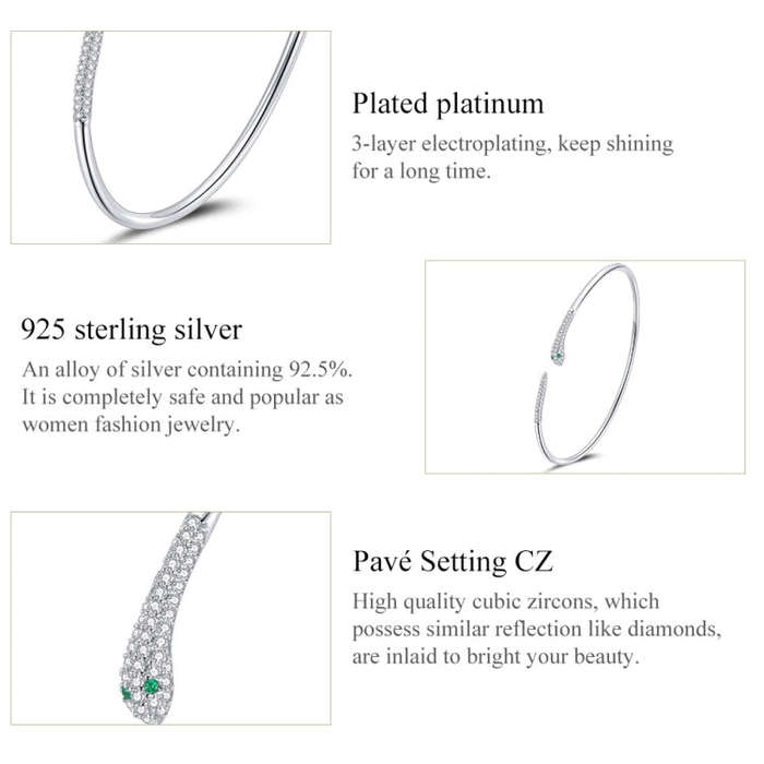 S925 Sterling Silver Snake Open Bracelet  Women Jewelry