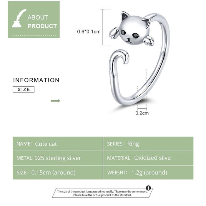 S925 Sterling Silver Cute Cat Women Open Ring(Silver)