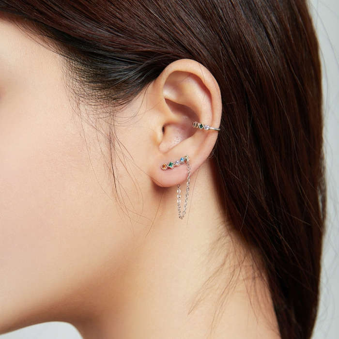 S925 Sterling Silver Colored Zircon Rainbow Heart Women Earrings