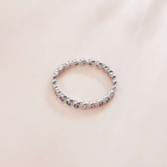 S925 Sterling Silver Simple Colorful Zircon Women Ring, Size:8