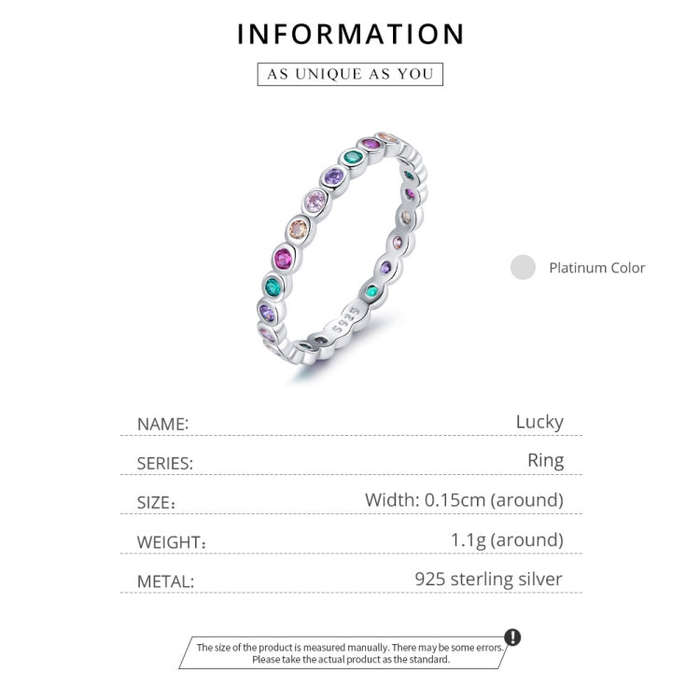 S925 Sterling Silver Simple Colorful Zircon Women Ring, Size:8