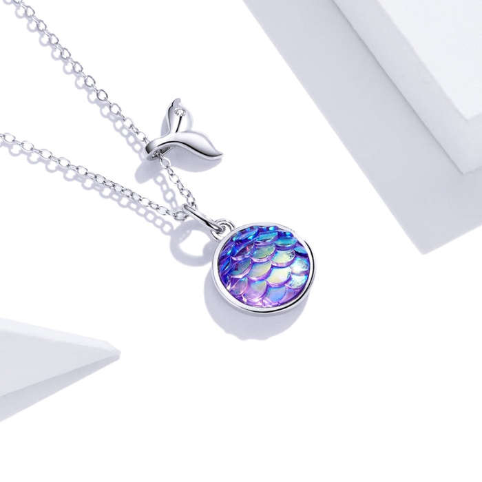S925 Sterling Silver Fish Tail Colorful Scales Women Nacklace Jewelry
