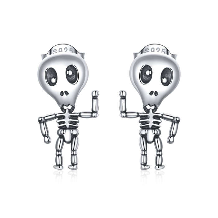 S925 Sterling Silver Cool Skeleton Man Ear Studs Women Earrings