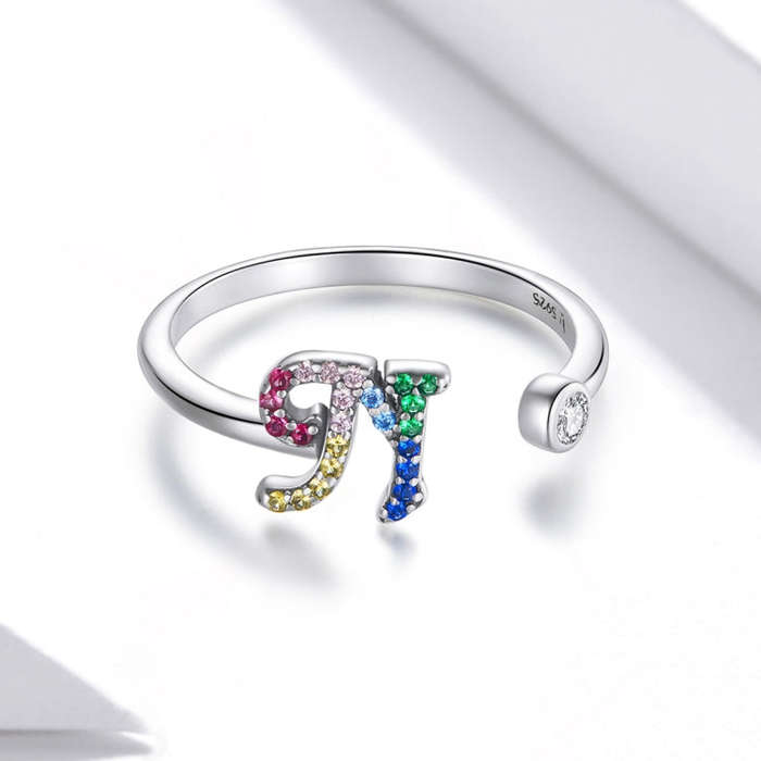 S925 Sterling Silver 26 English Letters Colorful Zircon Women Open Ring, Style:N
