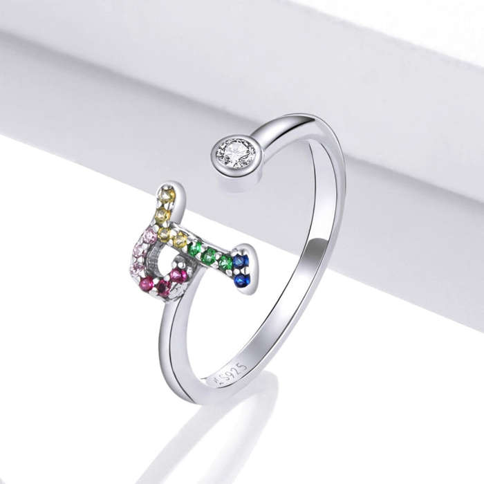 S925 Sterling Silver 26 English Letters Colorful Zircon Women Open Ring, Style:T