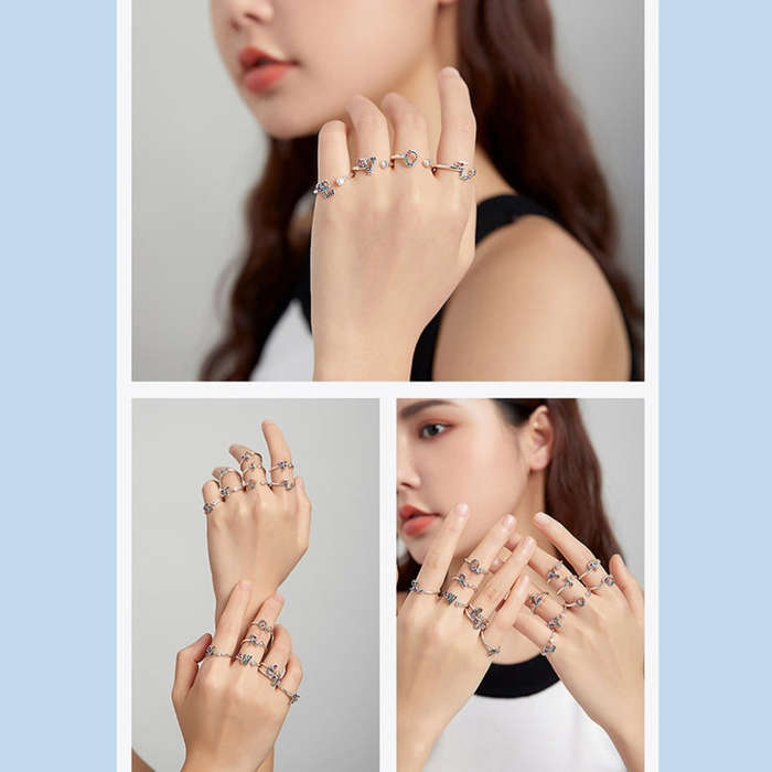 S925 Sterling Silver 26 English Letters Colorful Zircon Women Open Ring, Style:T
