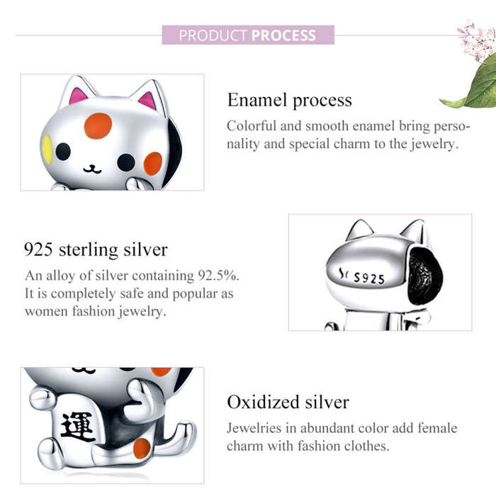 S925 Sterling Silver Cute Lucky Cat Beads DIY Bracelet Necklace Accessories