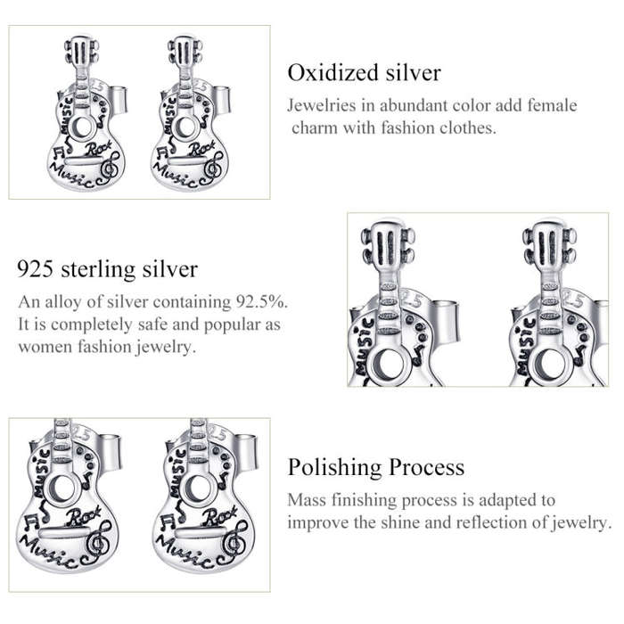 S925 Sterling Silver Retro Guitar Ear Studs Women Earrings