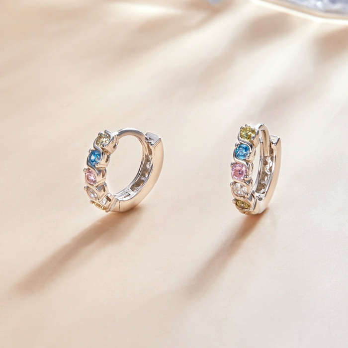 S925 Sterling Silver Shining Colorful Zircon Ear Buckle Women Earrings(Silver)