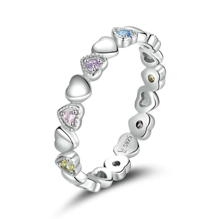 S925 Sterling Silver Rainbow Heart Women Ring, Size:6