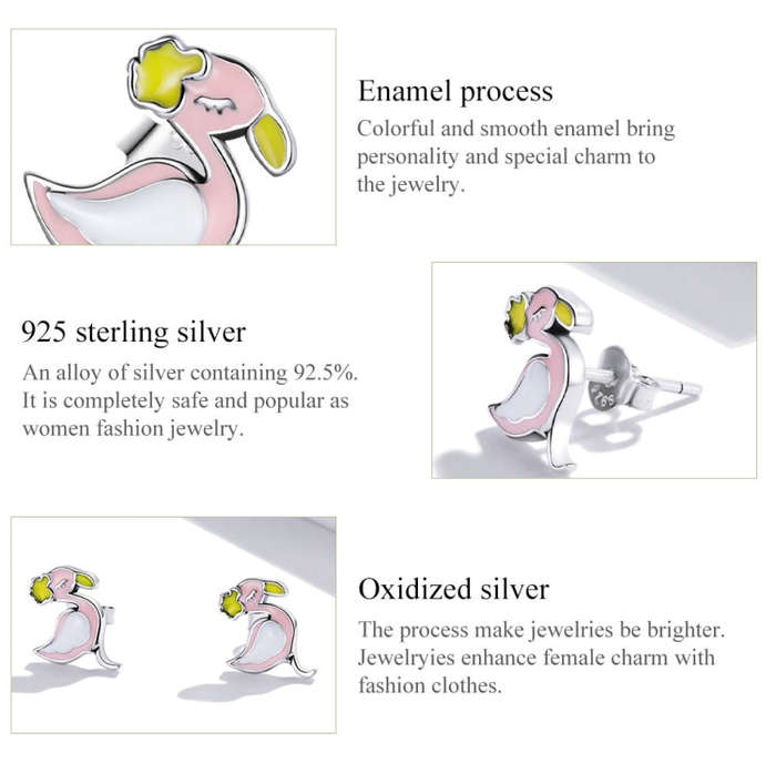 S925 Sterling Silver Fashion Pink Flamingo Ear Studs Women Earrings