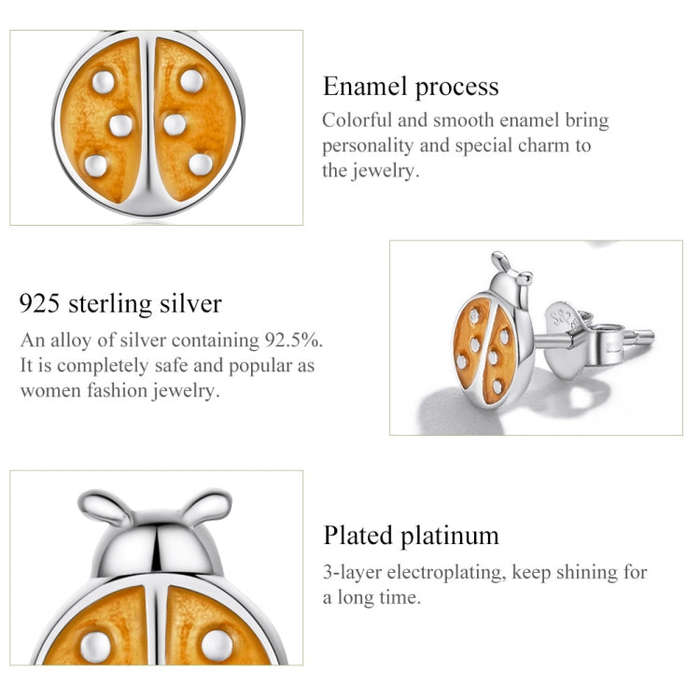 S925 Sterling Silver Orange Ladybug Ear Studs Women Earrings