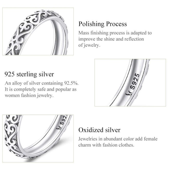 S925 Sterling Silver Retro Embossed Flower Texture Women Ring, Size:7