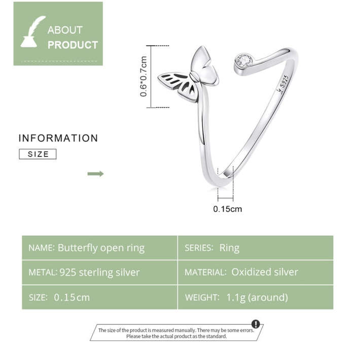 S925 Sterling Silver Butterfly Women Open Ring