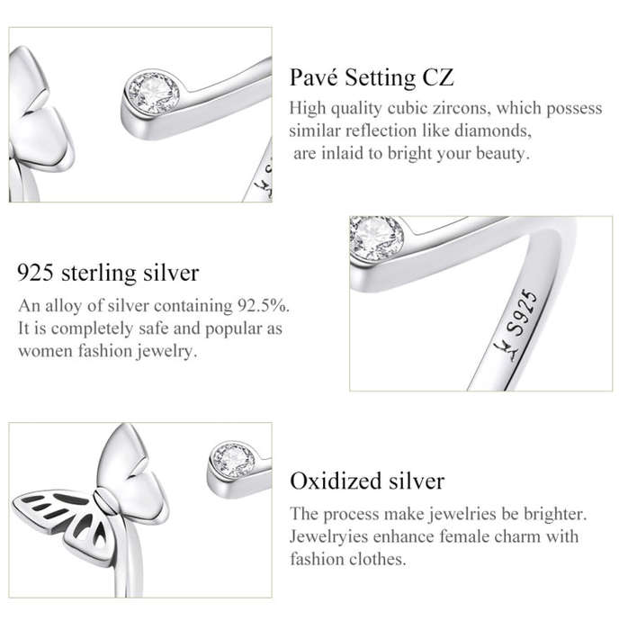S925 Sterling Silver Butterfly Women Open Ring