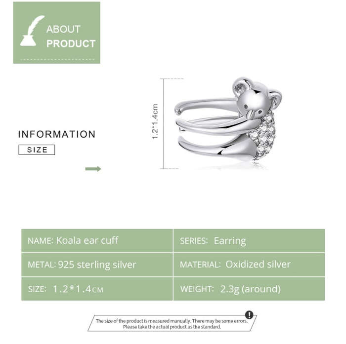 S925 Sterling Silver Koala Ear Bone Clamp Women Earrings
