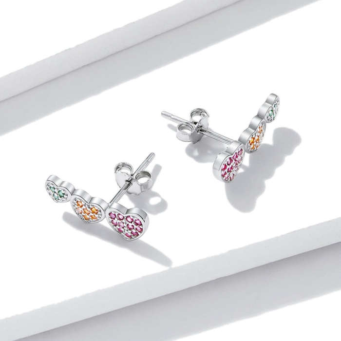 S925 Sterling Silver Colorful Heart Ear Stud Women Earrings