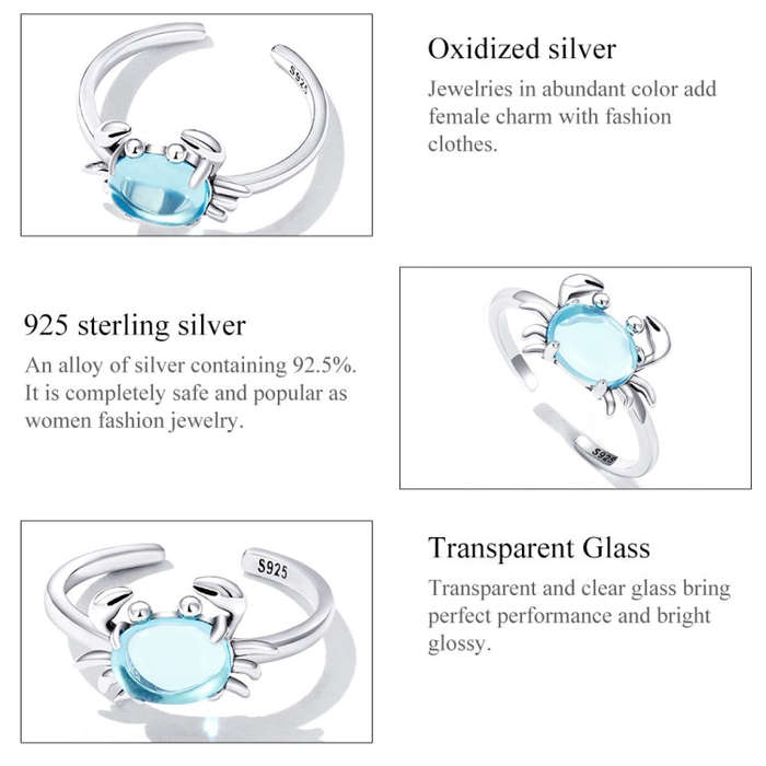 S925 Sterling Silver Cute Crab Women Open Ring