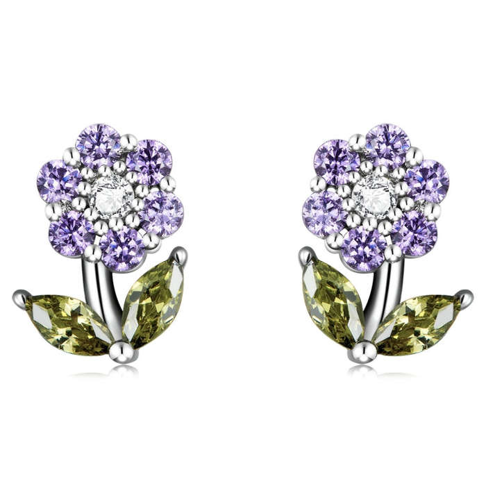 S925 Sterling Silver Flower Ear Stud Women Earrings(Purple)