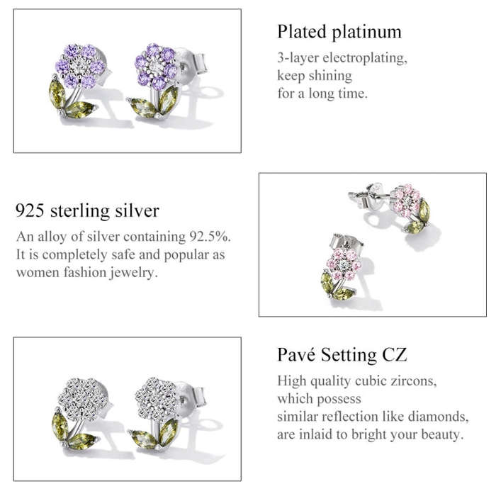 S925 Sterling Silver Flower Ear Stud Women Earrings(Purple)