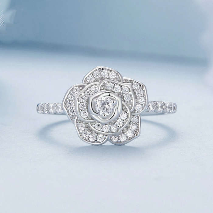 BSR449-7 S925 Sterling Silver  Zircon Rose Ring Hand Decoration