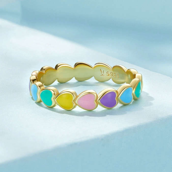 SCR444-7B S925 Sterling Silver Gold-plated Personalized Colorful Love Ring Hand Decoration