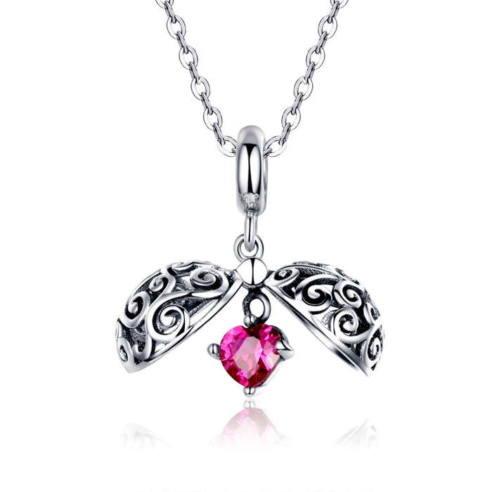 S925 Sterling Silver Pendant Round Pendant with Secret Fruit Pattern Opened with Heart-shaped Zir...