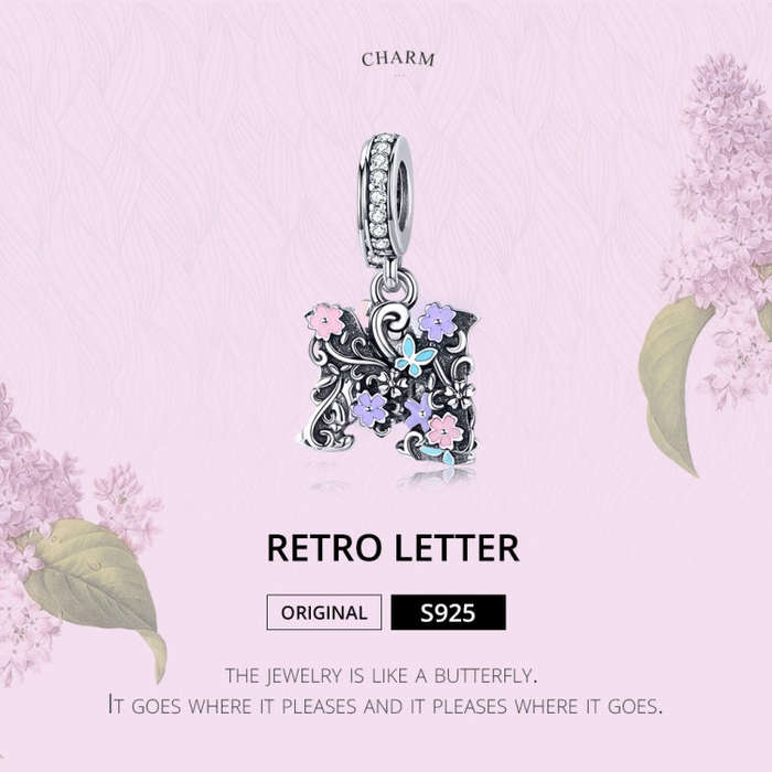 S925 Sterling Silver Letter M Pendent DIY Bracelet Necklace Accessories