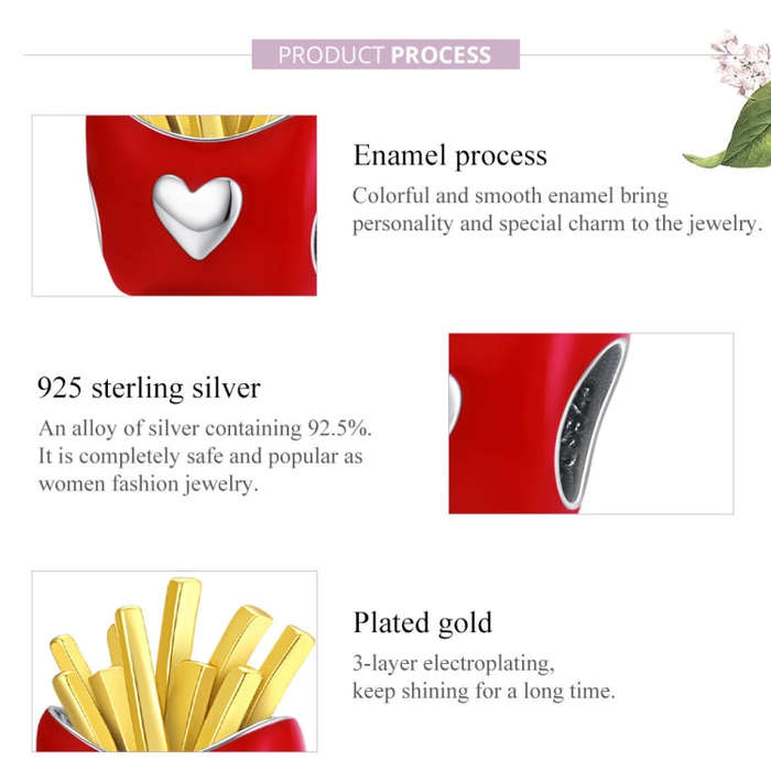 S925 Sterling Silver Delicious Fries Food Beads DIY Bracelet Necklace Accessories