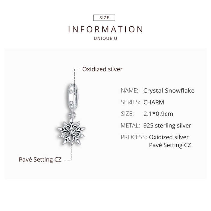 S925 Sterling Silver Crystal Snowflake Pendant DIY Bracelet Necklace Accessories