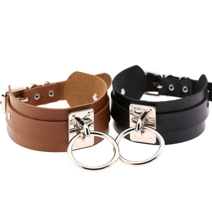 European and American Harajuku PU Leather Silver Single Ring Collar Wide Street-Snap Nightclub O-...