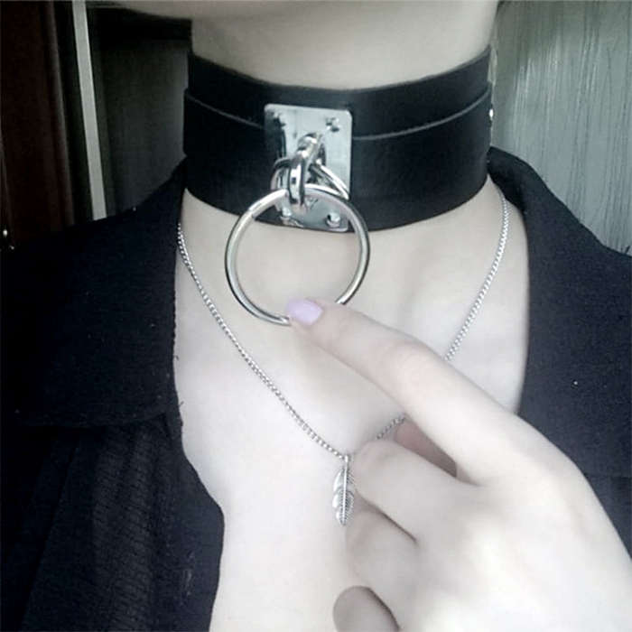 European and American Harajuku PU Leather Silver Single Ring Collar Wide Street-Snap Nightclub O-...