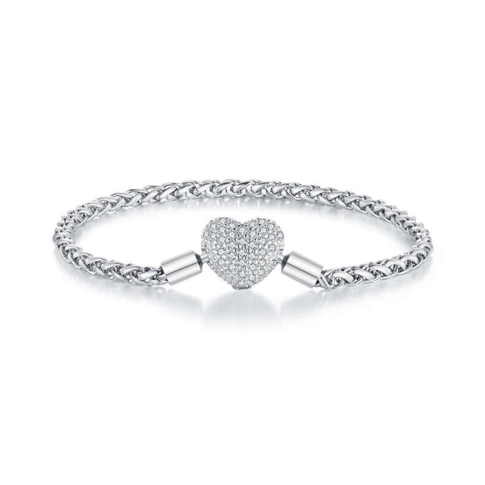 BSB133-17 Sterling Silver S925  Zircon Heart Sparkling Bracelet